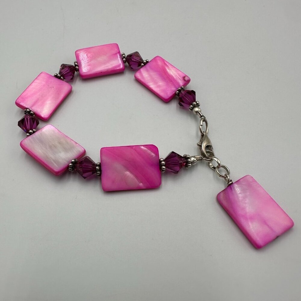 Pink Shell Beaded Bracelet Sterling Silver Rectangle Beads Statement Artisan
